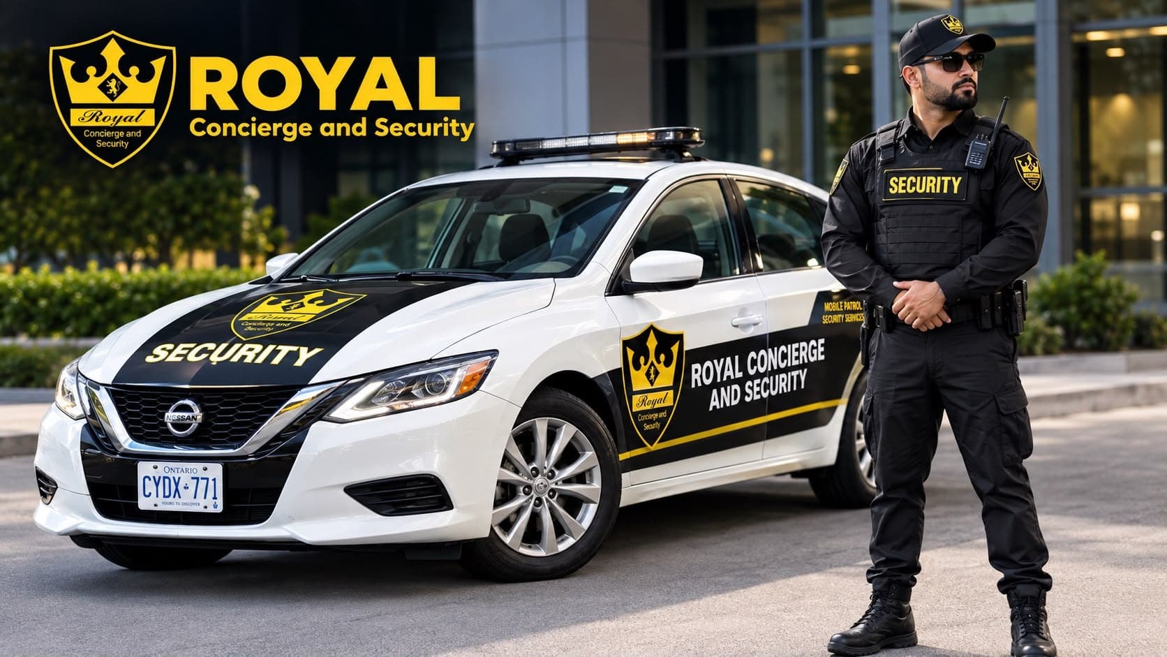 Royal Concierge and Security marked patrol car with an officer outside a Toronto building