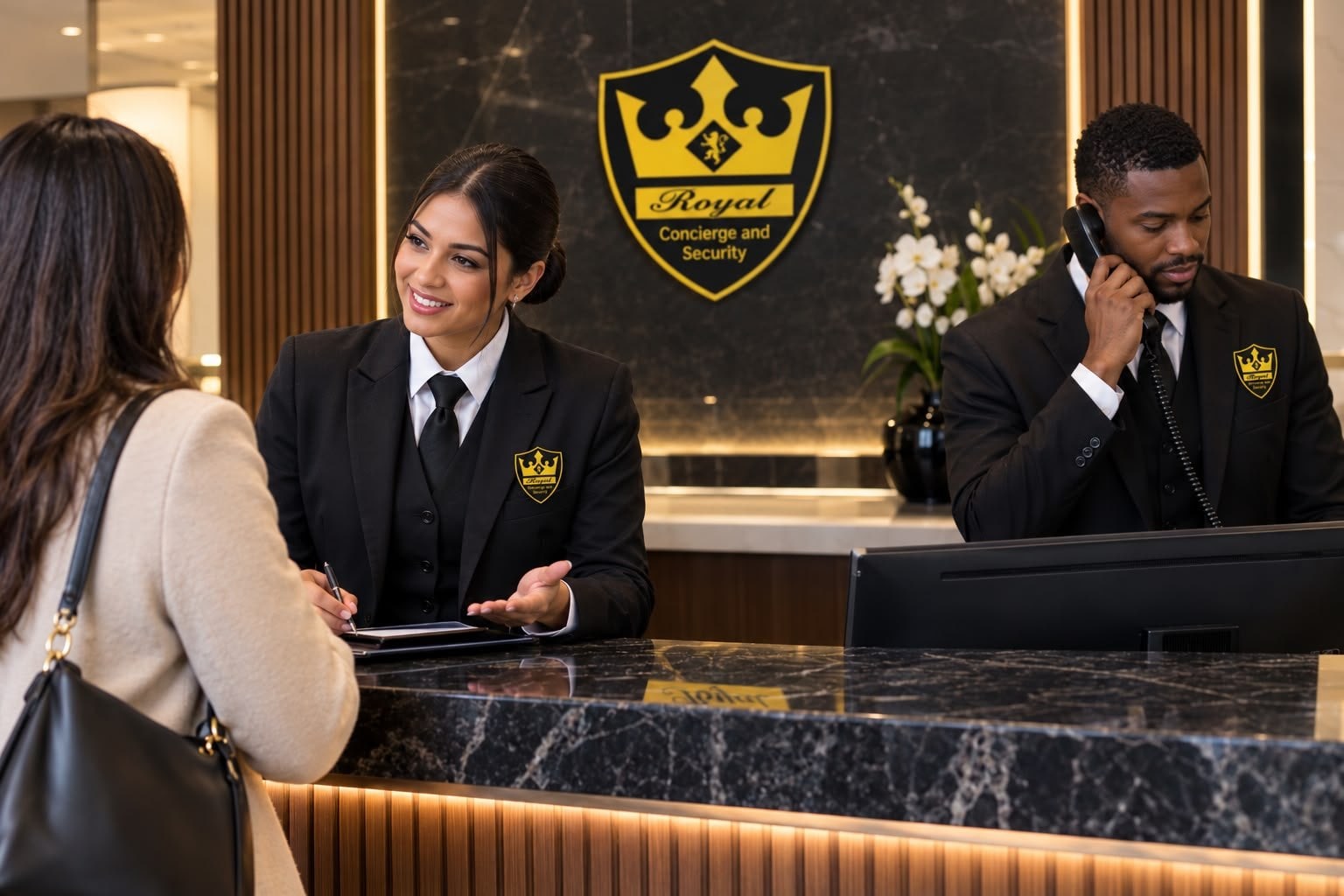 Concierge welcoming a visitor at the Royal front desk